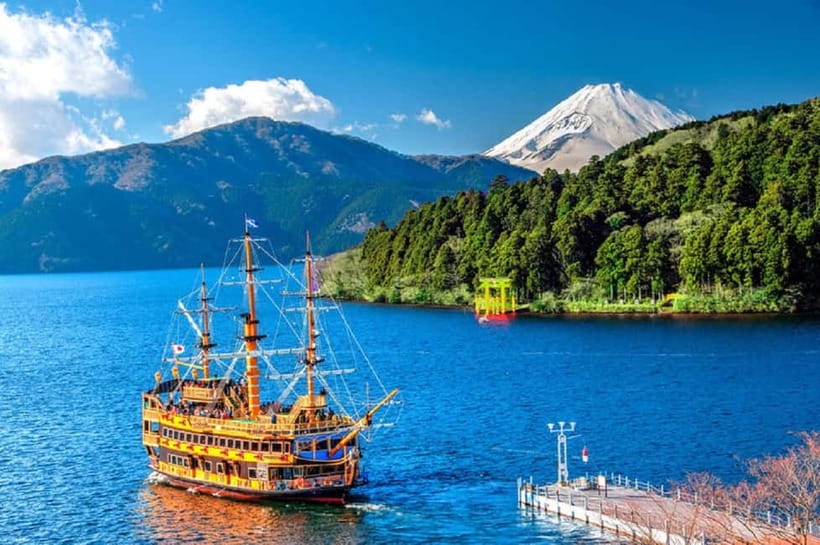 Mt Fuji Hakone/Enoshima Tour:Optional Ropeway/Lake Ashi Boat - Lake Ashi and the Hakone Shrine torii: the Mt. Fuji postcard moment